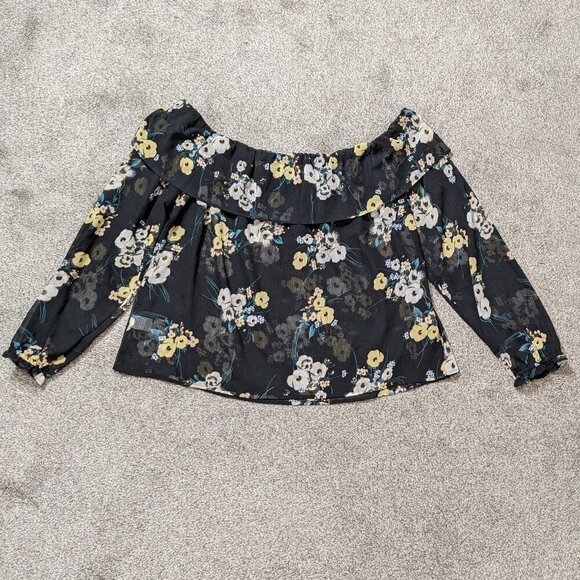 a.n.a. Black Floral Sheer Chiffon Off-Shoulder Ruffle Peasant Top; Size L - Picture 2 of 4